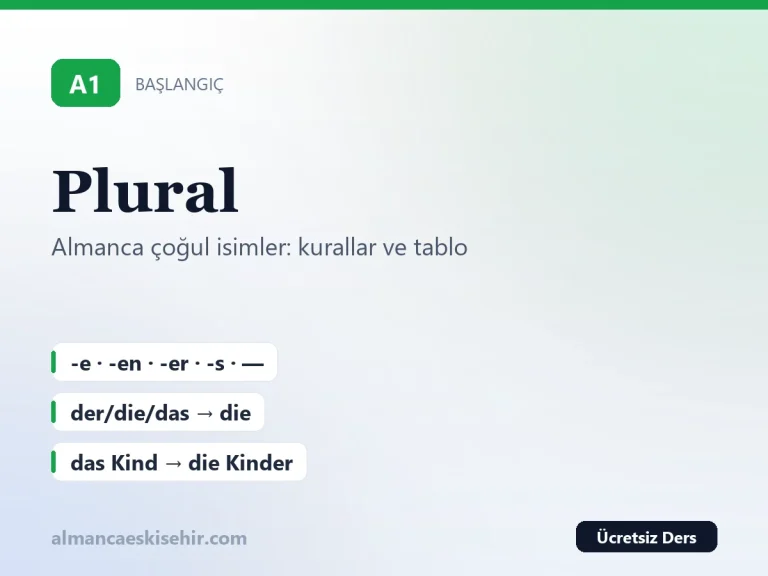 A1 seviyesi Almanca çoğul isimler kapak görseli: -e, -en, -er, -s ekleri ve die artikeli