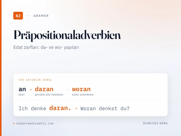 B2 seviyesi Almanca edat zarfları kapak görseli: an→daran ve woran yapıları