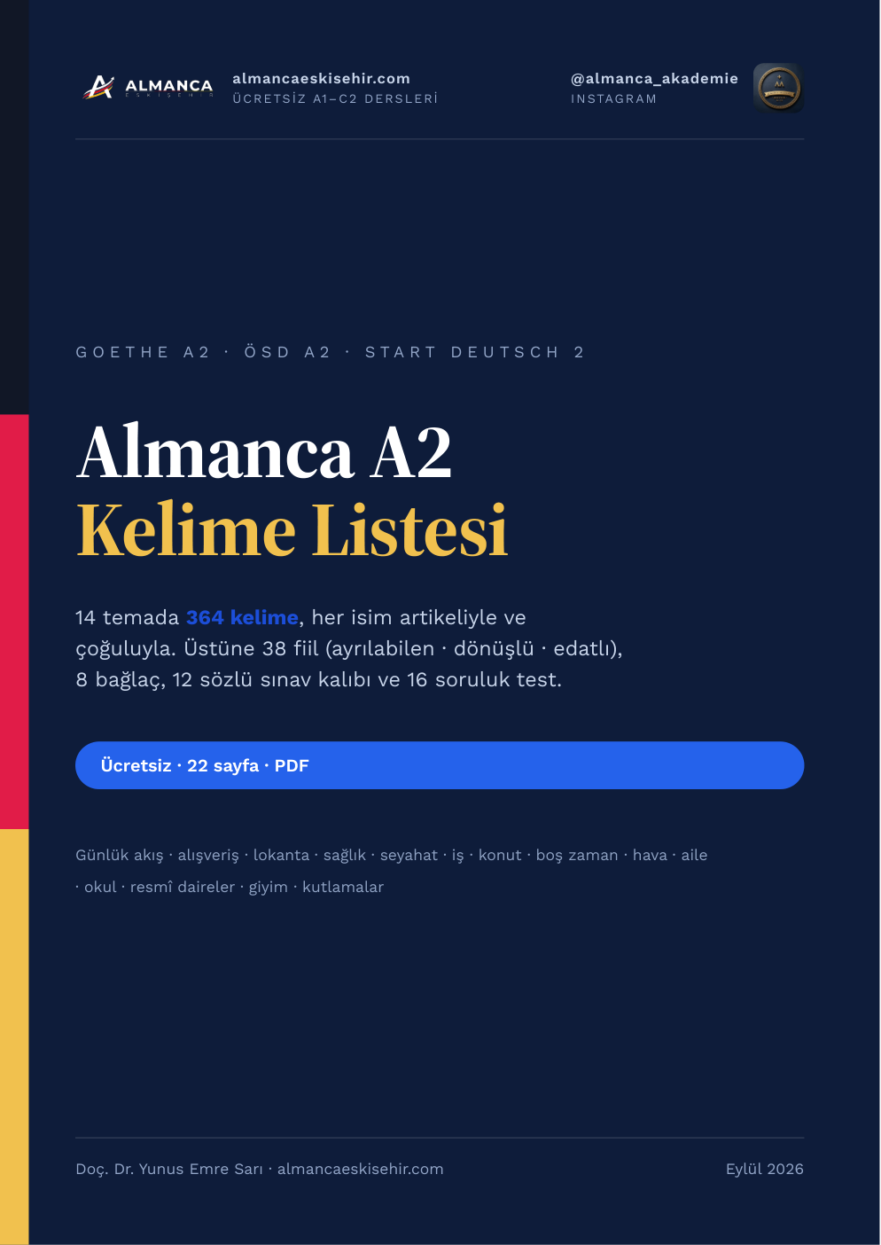 Almanca A2 Kelime Listesi (PDF) kapağı