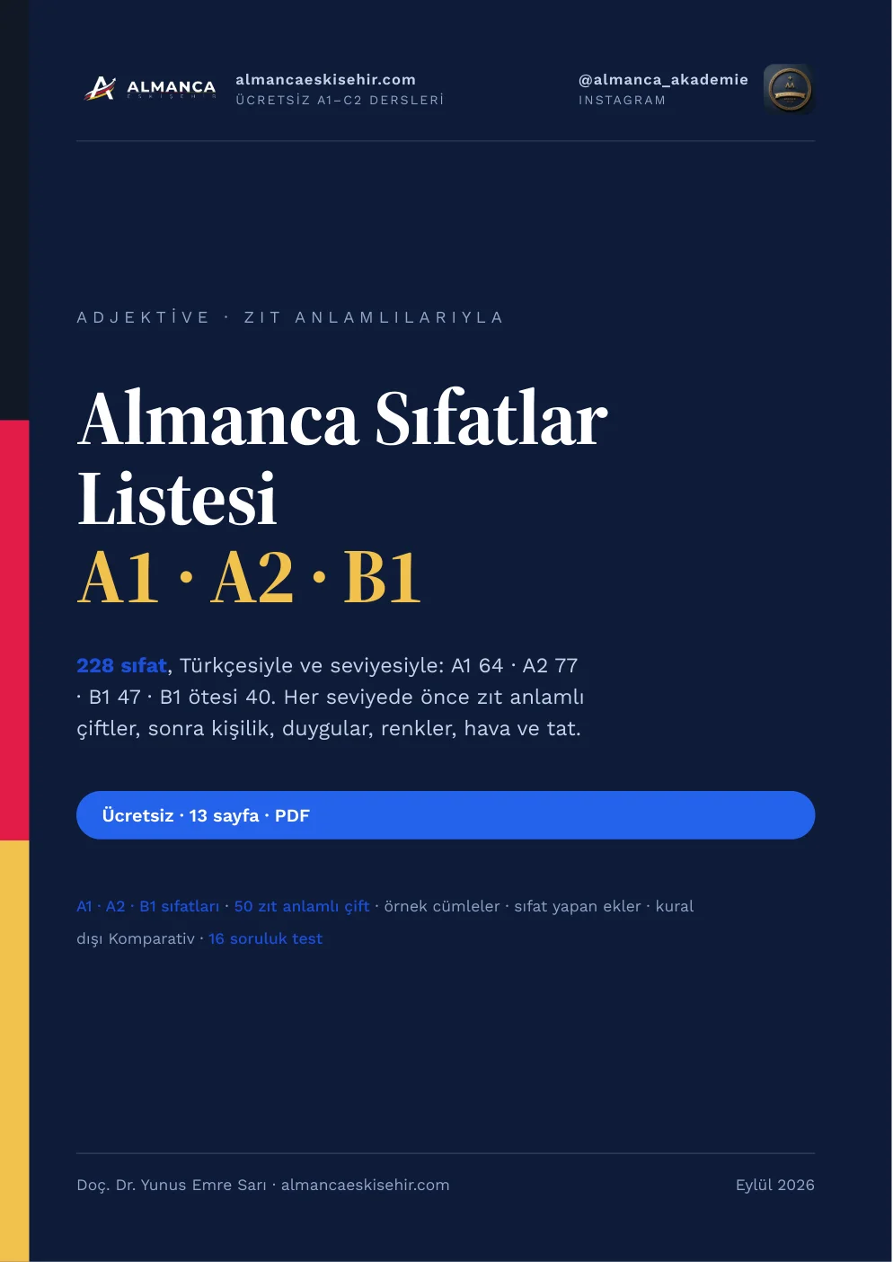 Almanca Sıfatlar Listesi — A1, A2, B1 (PDF) kapağı