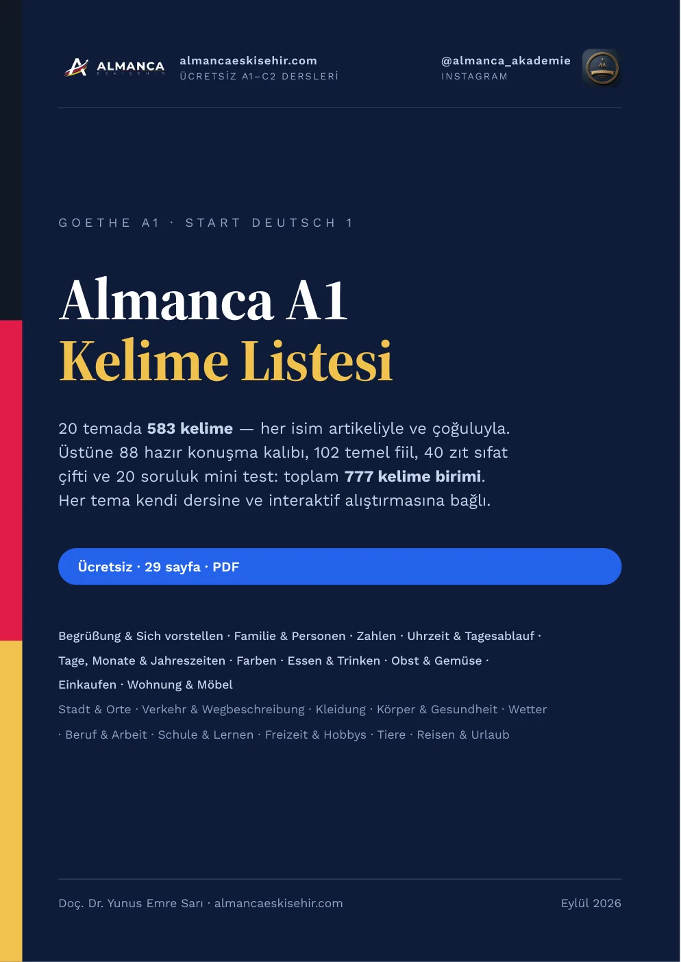 Almanca A1 Kelime Listesi PDF kapağı