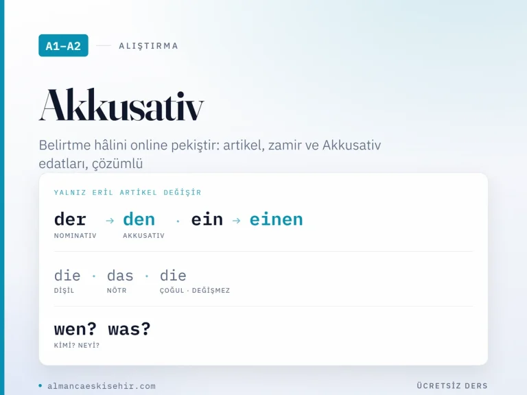 Akkusativ alıştırmaları kapak görseli: der yerine den, ein yerine einen; die, das ve çoğul die değişmez