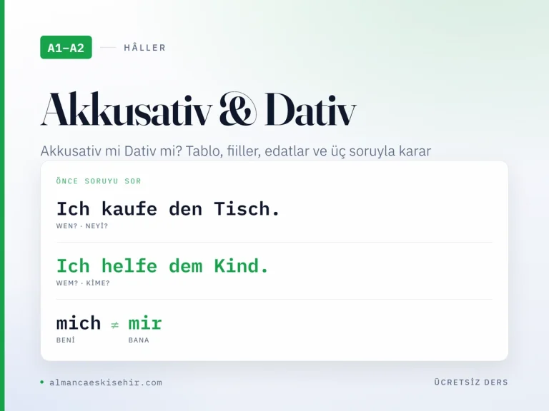 A1–A2 Akkusativ Dativ farkı kapak görseli: Ich kaufe den Tisch, Ich helfe dem Kind, mich ve mir