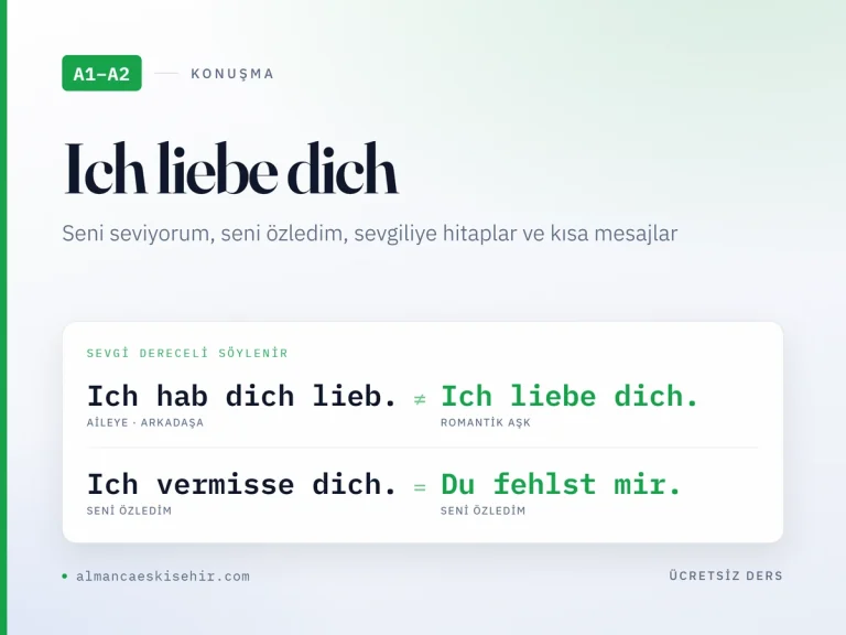 A1–A2 seviyesi Almanca aşk sözleri kapak görseli: Ich hab dich lieb ile Ich liebe dich farkı, Ich vermisse dich ve Du fehlst mir