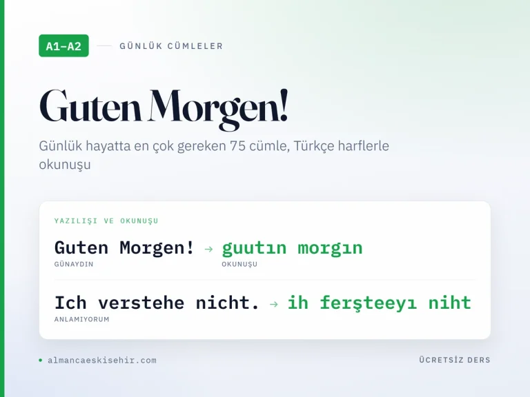 A1–A2 Almanca cümleler ve okunuşları kapak görseli: Guten Morgen okunuşu guutın morgın, Ich verstehe nicht okunuşu ih ferşteeyı niht