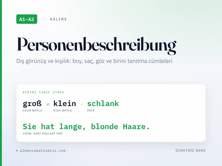 A1–A2 Almanca dış görünüş kapak görseli: groß, klein, schlank ve Sie hat lange, blonde Haare