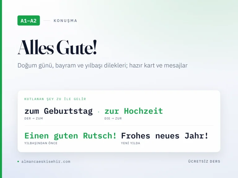 A1–A2 seviyesi Almanca doğum günü ve tebrik kapak görseli: zum Geburtstag, zur Hochzeit, Frohes neues Jahr ve Einen guten Rutsch