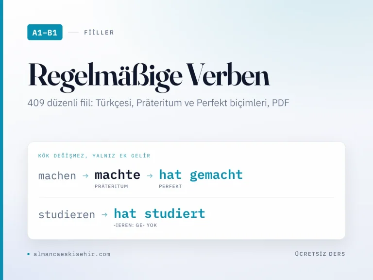 A1–B1 Almanca düzenli fiiller listesi kapak görseli: machen, machte, hat gemacht ve studieren, hat studiert örnekleri