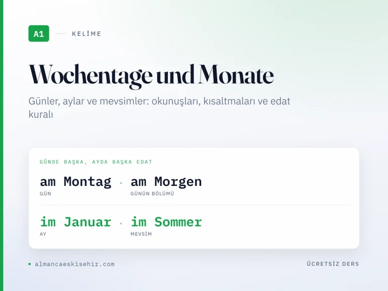 A1 Almanca günler aylar mevsimler kapak görseli: am Montag, am Morgen, im Januar, im Sommer
