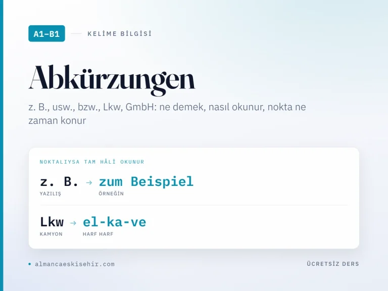 A1–B1 Almanca kısaltmalar kapak görseli: z. B. zum Beispiel diye okunur, Lkw harf harf el-ka-ve