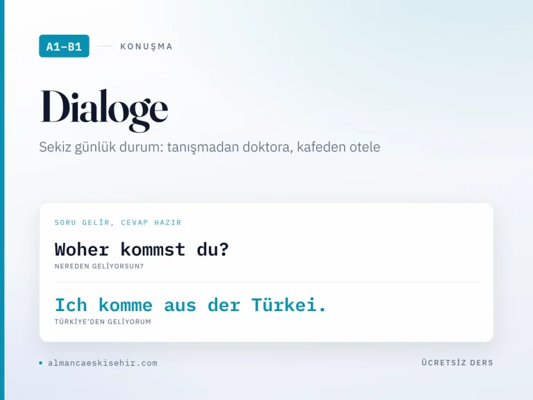 A1–B1 Almanca konuşma diyalogları kapak görseli: Woher kommst du ve Ich komme aus der Türkei