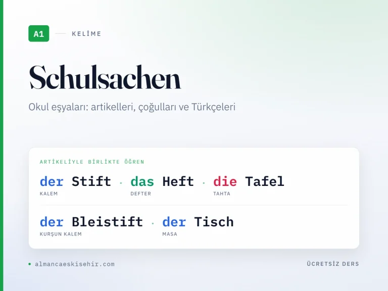 A1 Almanca okul eşyaları kapak görseli: der Stift, das Heft, die Tafel, der Bleistift, der Tisch