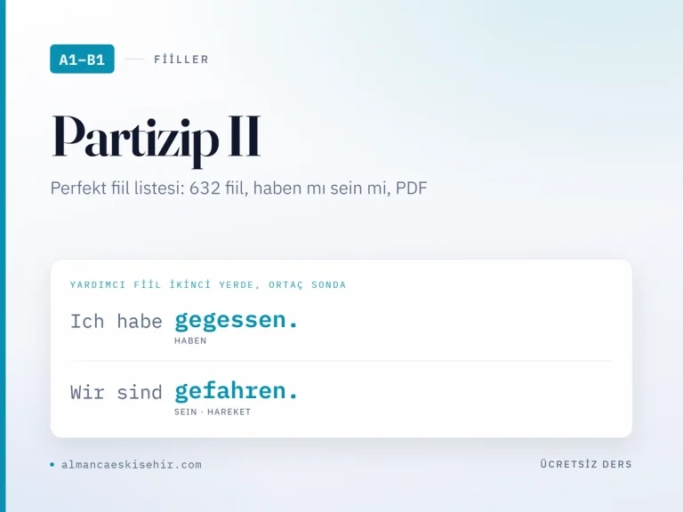 A1–B1 Almanca Perfekt fiil listesi kapak görseli: Ich habe gegessen ve Wir sind gefahren örnekleri
