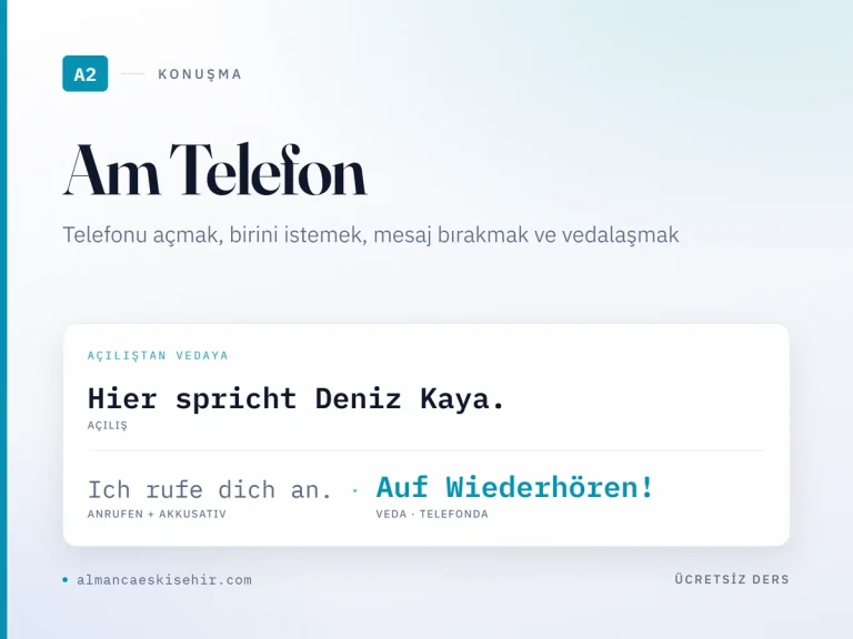 A2 seviyesi Almanca telefon konuşması kapak görseli: Hier spricht açılışı, Ich rufe dich an kalıbı ve Auf Wiederhören vedası
