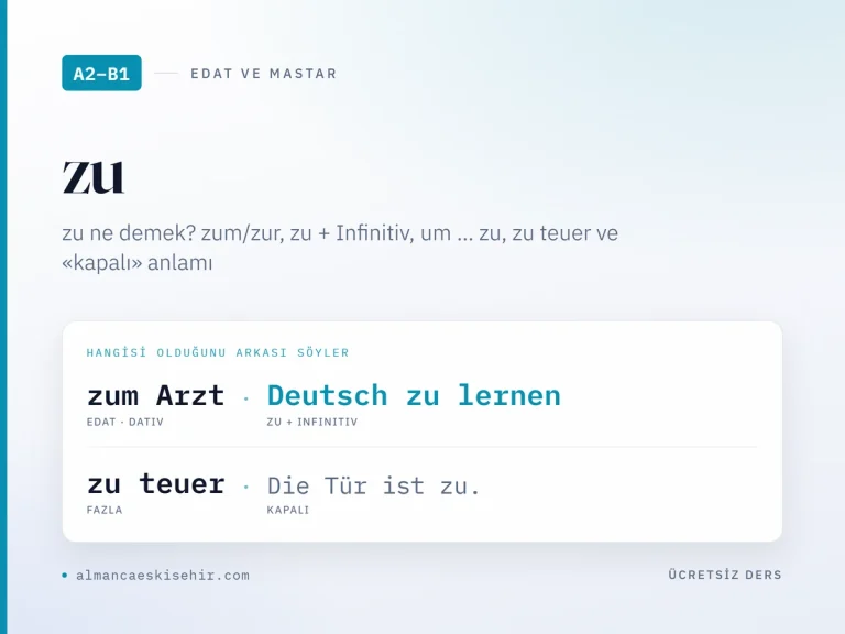 A2–B1 seviyesi Almanca zu kullanımı kapak görseli: zum Arzt, Deutsch zu lernen, zu teuer ve Die Tür ist zu