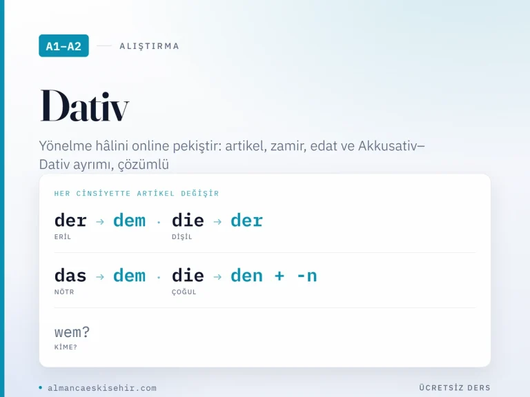 Dativ alıştırmaları kapak görseli: der yerine dem, die yerine der, das yerine dem, çoğulda den ve isme -n