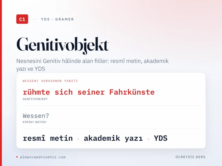 Genitivobjekt kapak görseli: rühmte sich seiner Fahrkünste; Wessen sorusu; resmî metin, akademik yazı, YDS