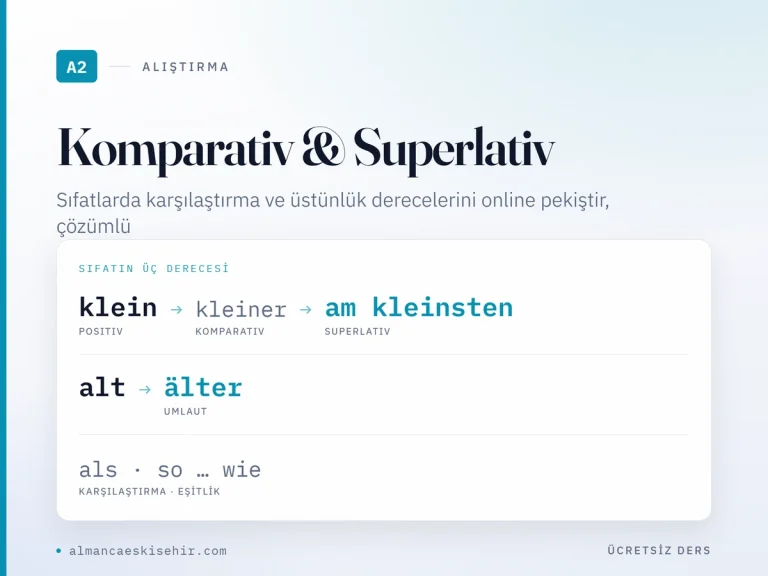 Komparativ ve Superlativ alıştırmaları kapak görseli: klein, kleiner, am kleinsten; alt, älter; als ve so wie