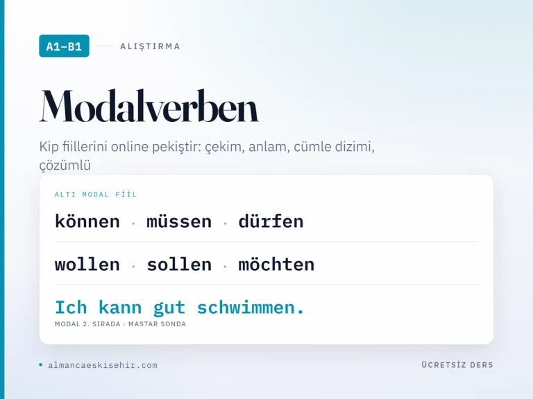 Modalverben alıştırmaları kapak görseli: können, müssen, dürfen, wollen, sollen, möchten ve Ich kann gut schwimmen