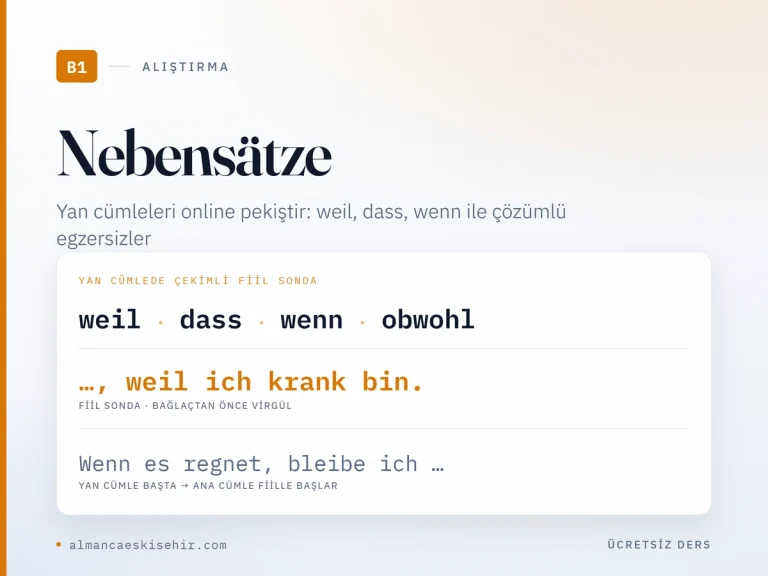 Nebensätze alıştırmaları kapak görseli: weil, dass, wenn, obwohl; weil ich krank bin, Wenn es regnet, bleibe ich