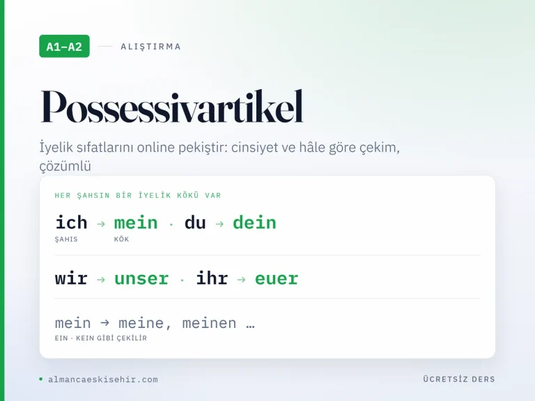 Possessivartikel alıştırmaları kapak görseli: ich mein, du dein, wir unser, ihr euer; mein meine meinen