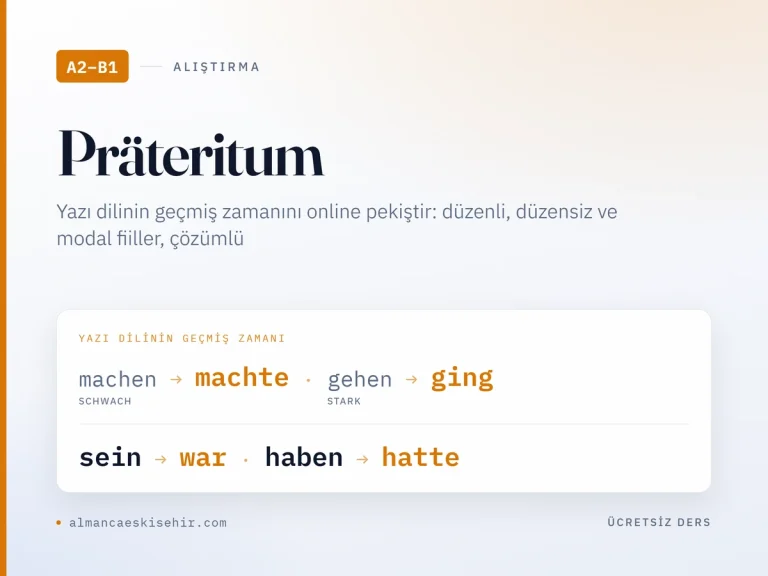Präteritum alıştırmaları kapak görseli: machen machte, gehen ging, sein war, haben hatte
