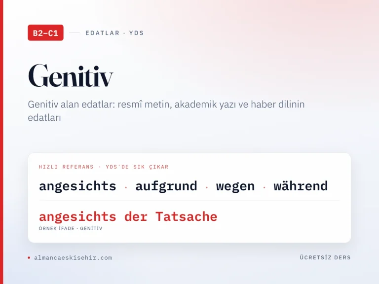 Genitiv alan edatlar kapak görseli: angesichts, aufgrund, wegen, während ve angesichts der Tatsache örneği