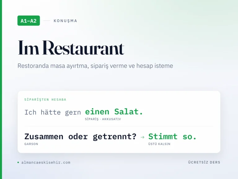 A1–A2 seviyesi restoranda Almanca kapak görseli: Ich hätte gern einen Salat siparişi, Zusammen oder getrennt sorusu ve Stimmt so