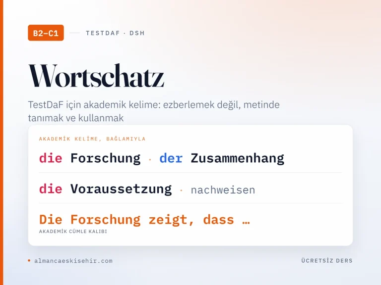TestDaF kelime çalışması kapak görseli: die Forschung, der Zusammenhang, die Voraussetzung, nachweisen ve Die Forschung zeigt, dass