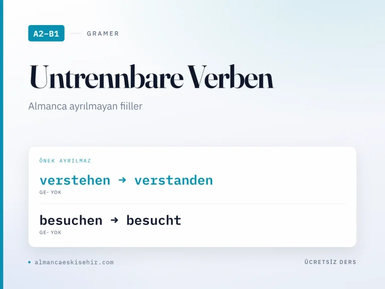 Almanca ayrılmayan fiiller kapak görseli: verstehen → verstanden · besuchen → besucht