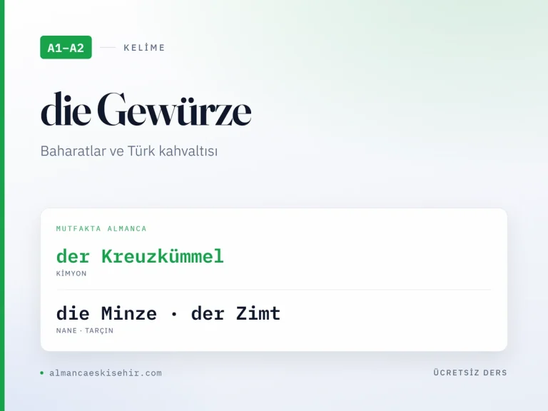 Almanca baharat isimleri kapak görseli: der Kreuzkümmel · die Minze · der Zimt