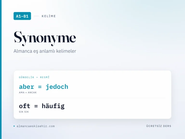 Almanca eş anlamlı kelimeler kapak görseli: aber = jedoch · oft = häufig