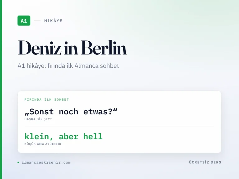 Almanca A1 hikâye «Deniz in Berlin» kapak görseli: „Sonst noch etwas?“ · klein, aber hell