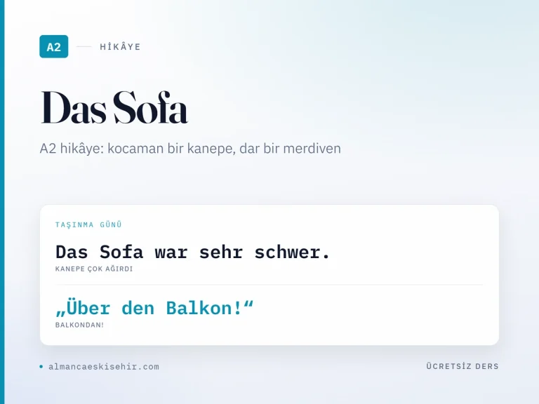 Almanca A2 hikâye «Das Sofa» kapak görseli: Das Sofa war sehr schwer. · „Über den Balkon!“