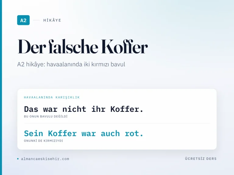 Almanca A2 hikâye «Der falsche Koffer» kapak görseli: Das war nicht ihr Koffer. · Sein Koffer war auch rot.