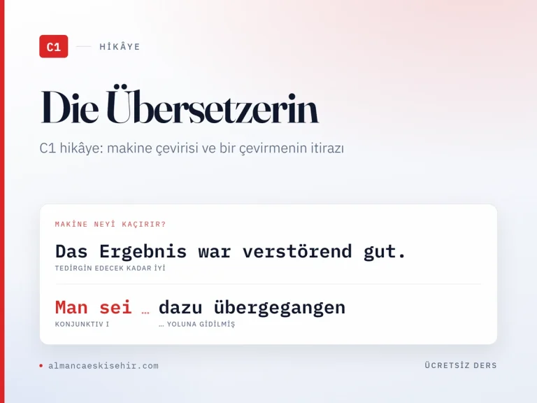 Almanca C1 hikâye «Die Übersetzerin» kapak görseli: Das Ergebnis war verstörend gut. · Man sei · dazu übergegangen