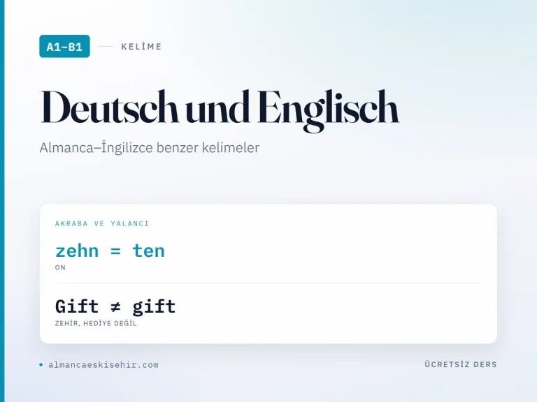 Almanca İngilizce benzer kelimeler kapak görseli: zehn = ten · Gift ≠ gift