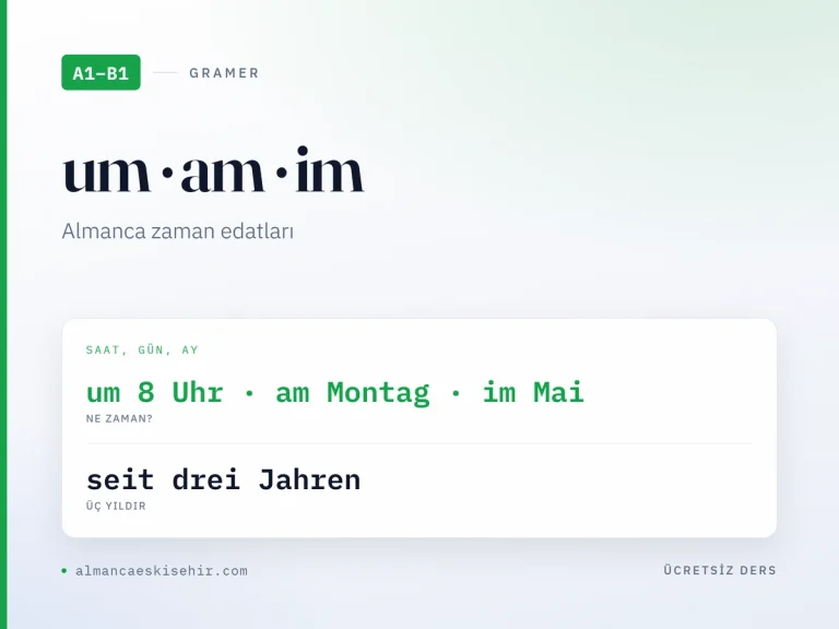 Almanca zaman edatları kapak görseli: um 8 Uhr · am Montag · im Mai · seit drei Jahren