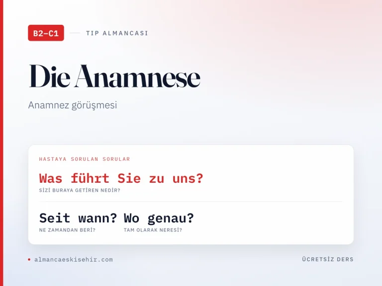 Anamnez görüşmesi kapak görseli: Was führt Sie zu uns? · Seit wann? · Wo genau?