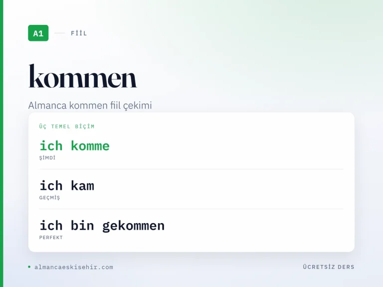 Almanca kommen fiil çekimi kapak görseli: ich komme · ich kam · ich bin gekommen