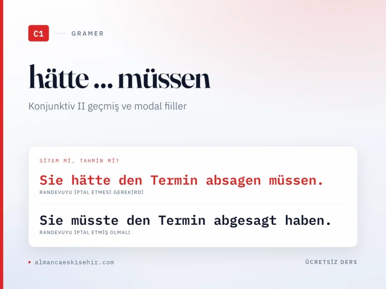 Konjunktiv II Geçmiş ve Modal Fiiller (C1) kapak görseli: Sie hätte den Termin absagen müssen. · Sie müsste den Termin abgesagt haben.