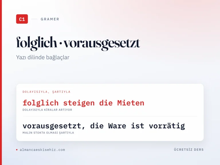 Yazı Dilinde Bağlaçlar — Konnektoren (C1) kapak görseli: folglich steigen die Mieten · vorausgesetzt, die Ware ist vorrätig