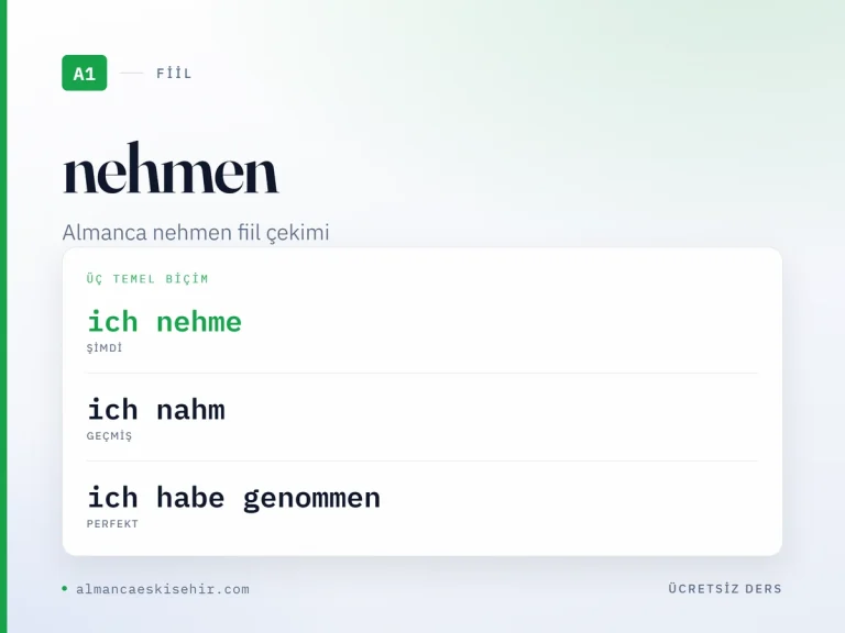 Almanca nehmen fiil çekimi kapak görseli: ich nehme · ich nahm · ich habe genommen
