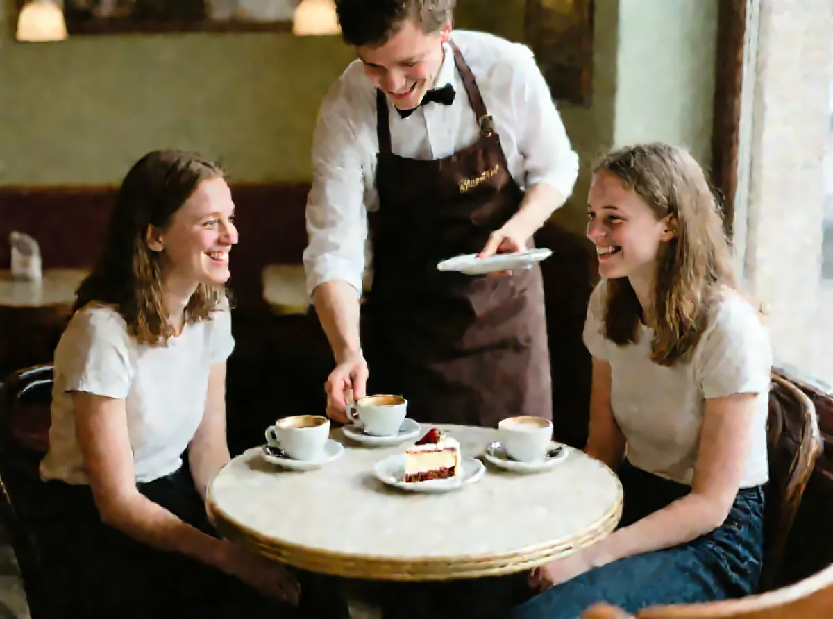 Foto B: Zwei Frauen in einem Café, ein Kellner bringt Kaffee und Kuchen.