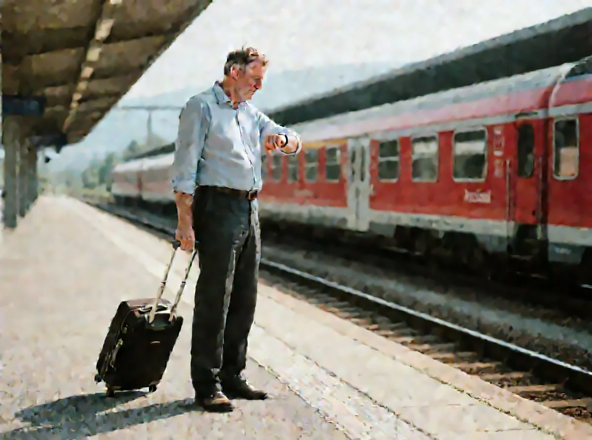 Foto C: Ein Mann mit Koffer wartet am Bahnsteig, ein Zug kommt.