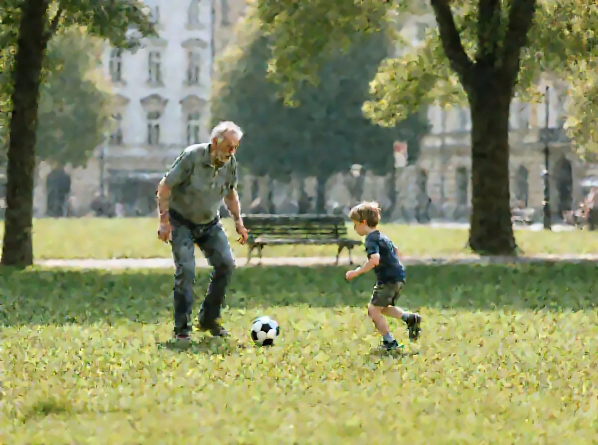 Foto D: Ein Mann und ein Junge spielen Fußball im Park.