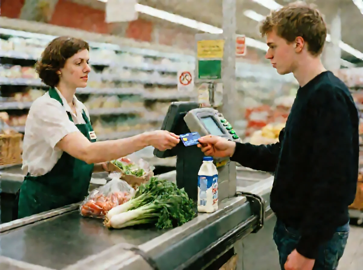 Foto E: An der Supermarktkasse bezahlt ein Mann mit Karte.