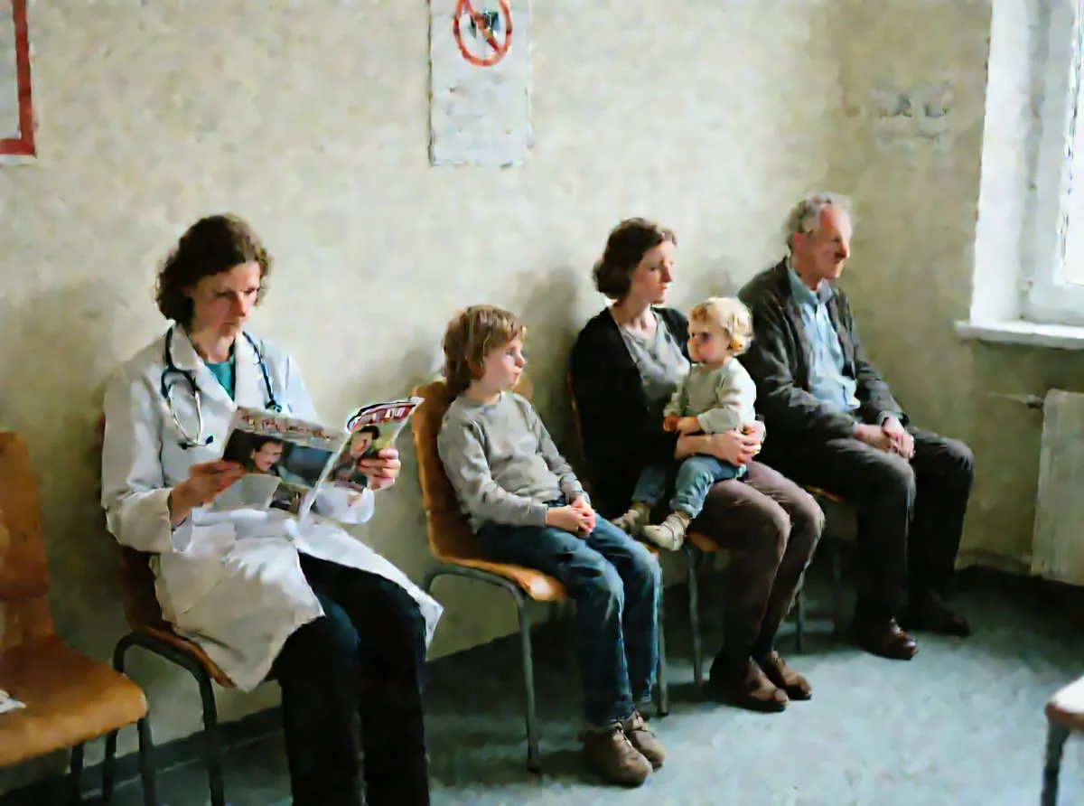 Foto F: Mehrere Personen warten im Wartezimmer einer Arztpraxis.
