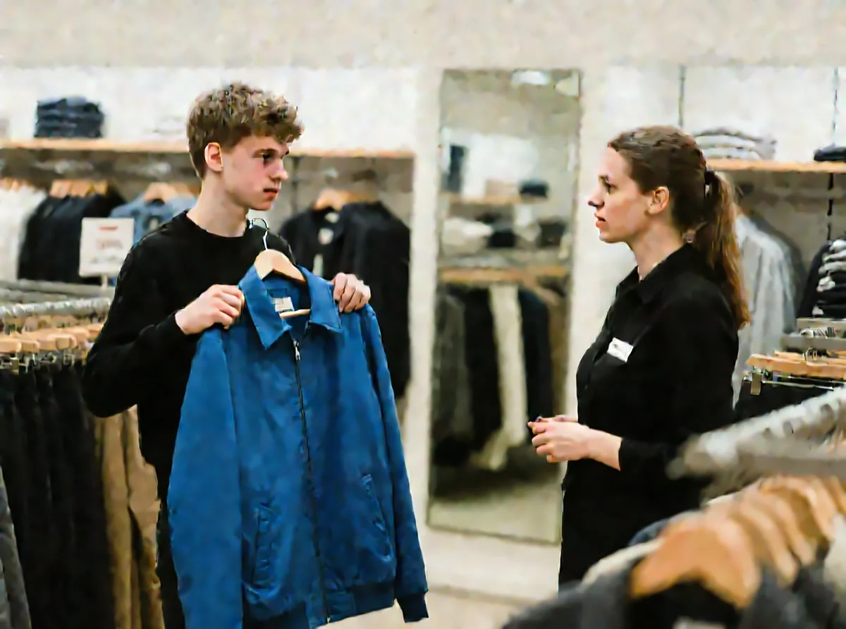Bild 2: In einem Kleidungsgeschäft hält ein junger Mann eine blaue Jacke und spricht mit einer Verkäuferin.