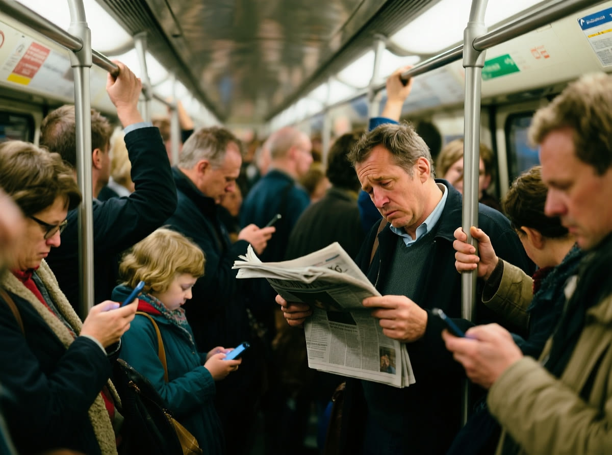 Bild 2: Eine volle U-Bahn am Morgen; Menschen stehen eng beieinander, viele schauen auf ihr Handy.